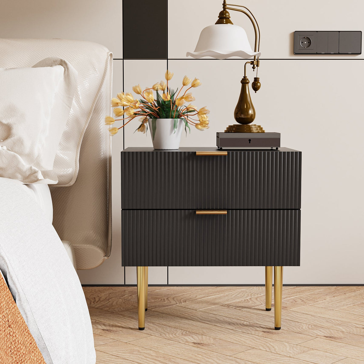 Bedside Table, 2 Drawers, Metal Legs, Black