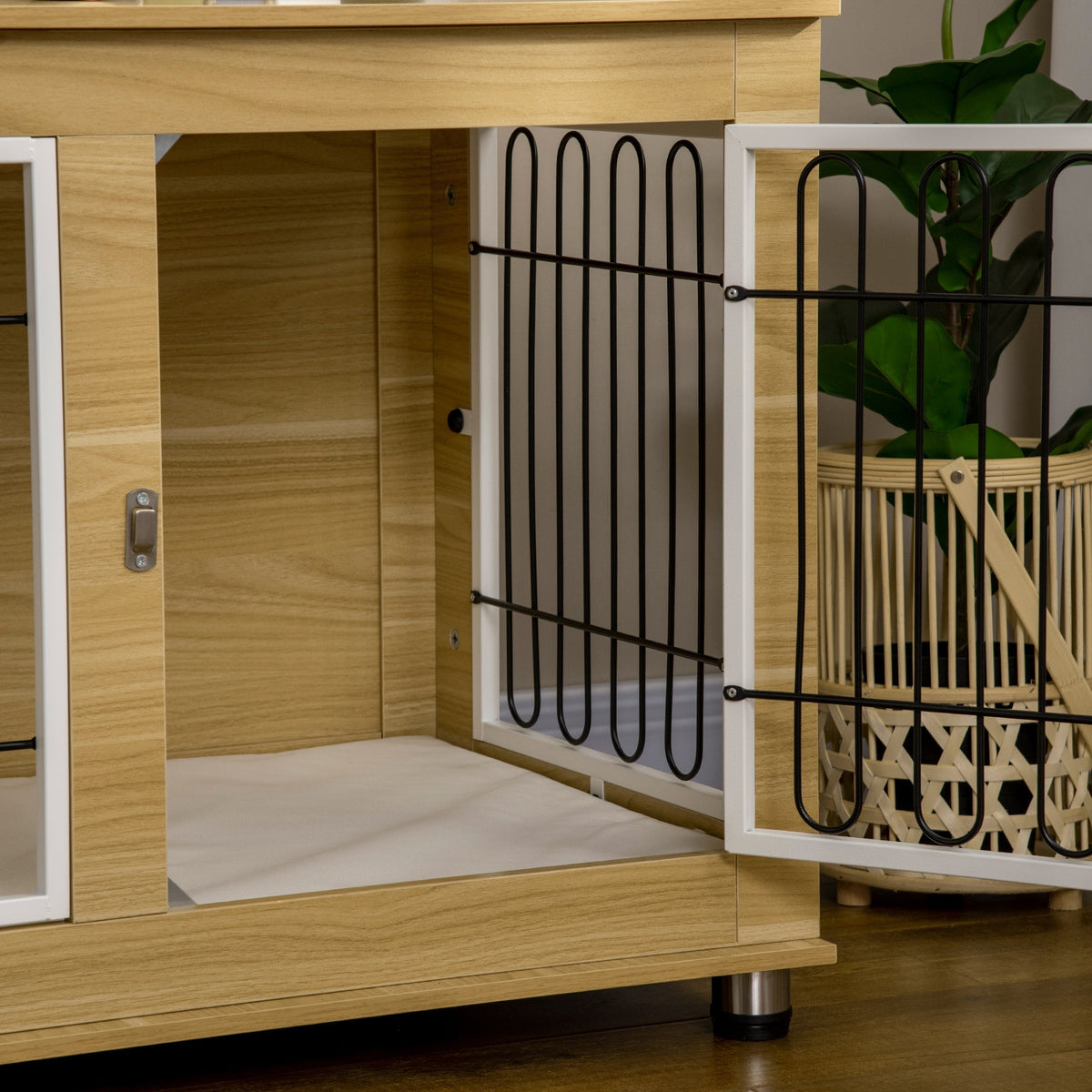 Dog Kennel, Table Top, Double Doors, Cushions, Oak