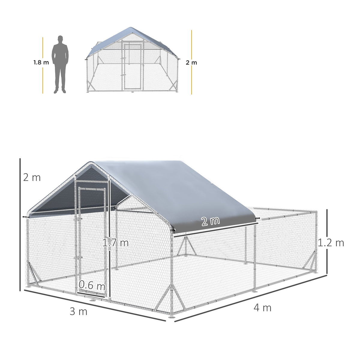 Chicken Coop Free-Range Enclosure, Sunshade Roof, Steel, Silver
