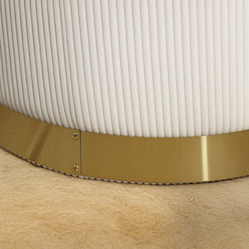 Storage Ottoman Round Footstool Lid Steel Base, Corduroy Cream White