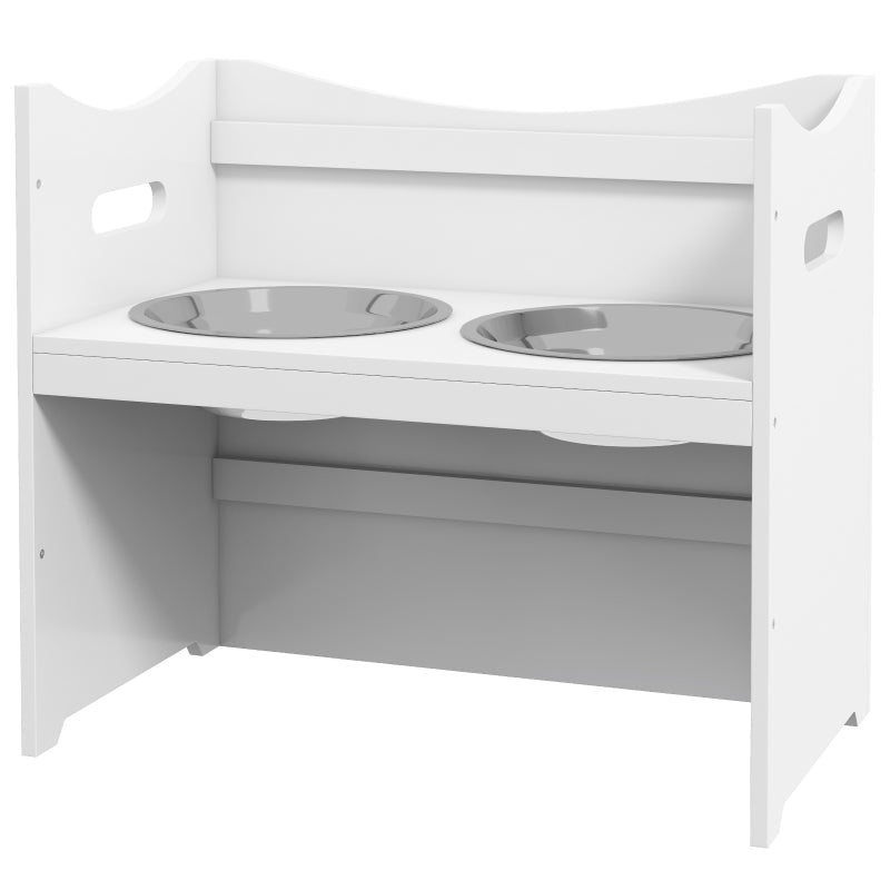 Dog Feeding Station, Height Adjustable, 2 Stainless Steel Bowls, White