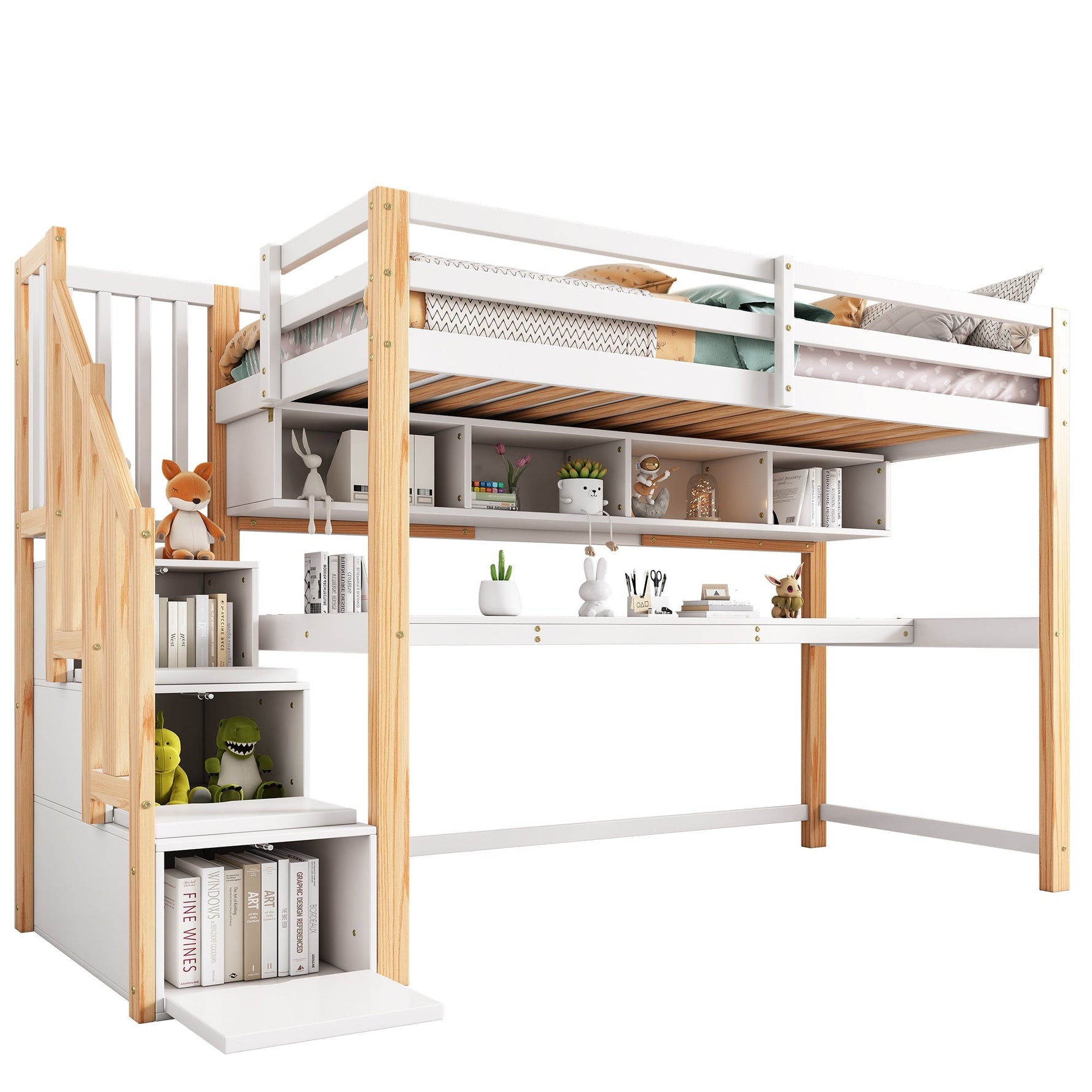 Children's Loft Bed, Large Desk & Shelves, Environmentally Friendly, Natural & White