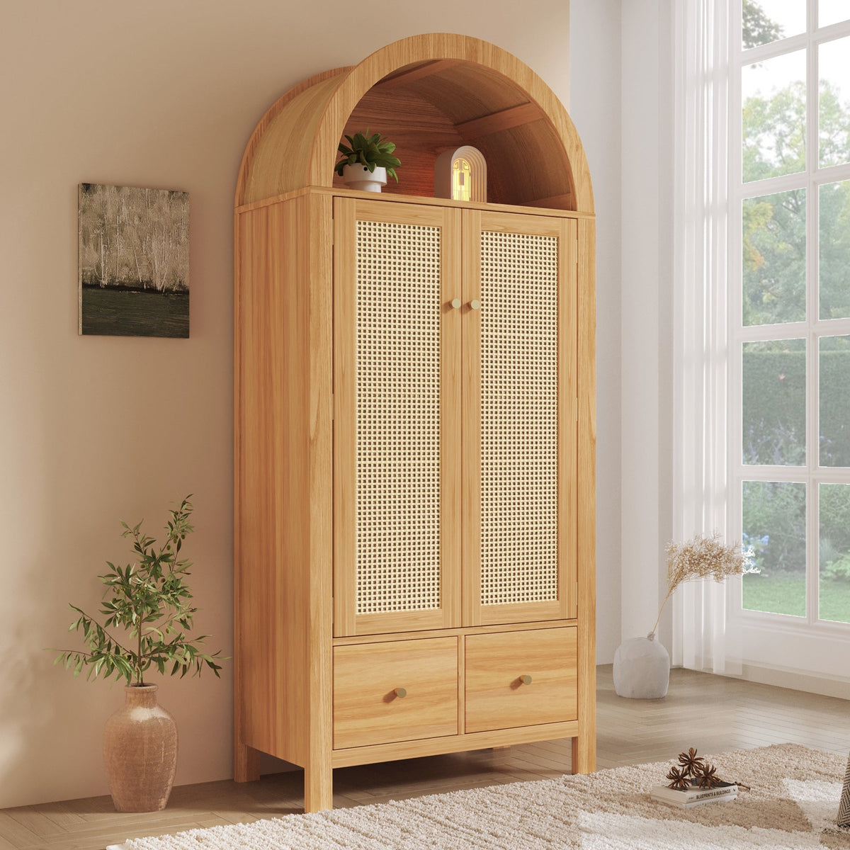 Wardrobe with Rattan Weave and 2 Doors, 181x78x45 cm, Oak Look