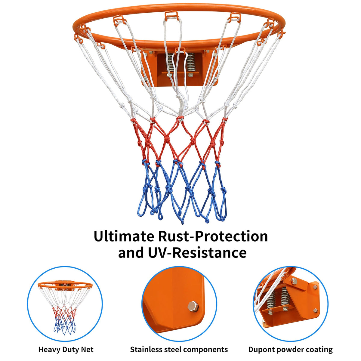Double Spring Basketball Rim, Shock Absorption, 4-Point Stabilization, Steel, Orange