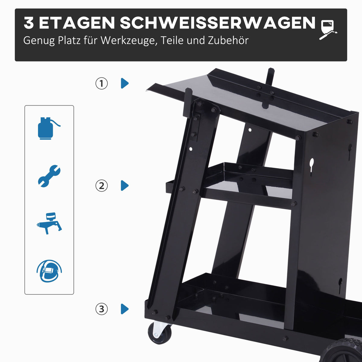 DURHAND Welding Cart, 3 Shelves, Safety Chain, Steel, Black
