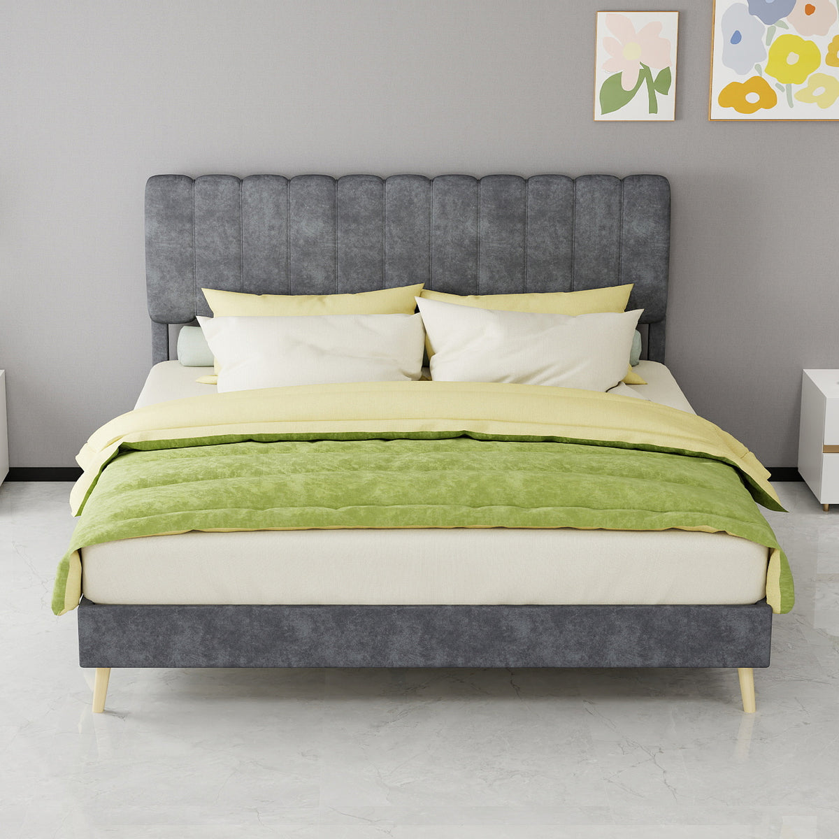 Upholstered Bed 160x200cm with Mattress & Headboard, Grey