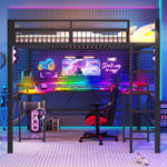 Loft Bed with Desk, LED Lights, Pegboard and Charging Ports, Black Iron Frame