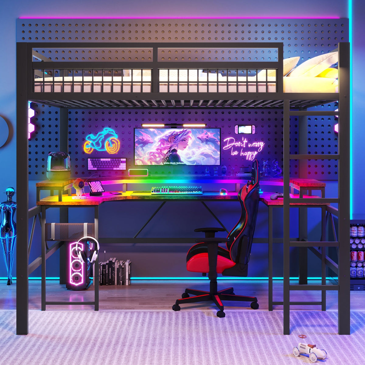 Loft Bed with Desk, LED Lights, Pegboard and Charging Ports, Black Iron Frame