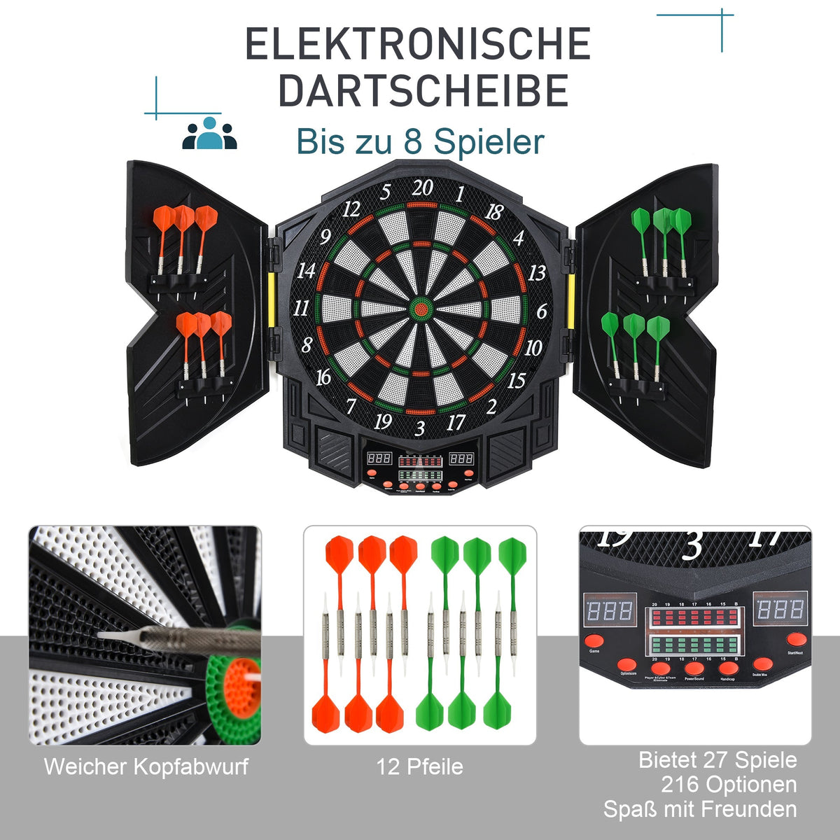 Electronic Dartboard with Door, 216 Games, 4 LEDs, 12 Arrows, ABS PP