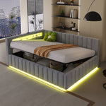 Upholstered Bed/Sofa Bed 140x200 Hydraulic Storage LED/USB Light Grey Velvet Fabric
