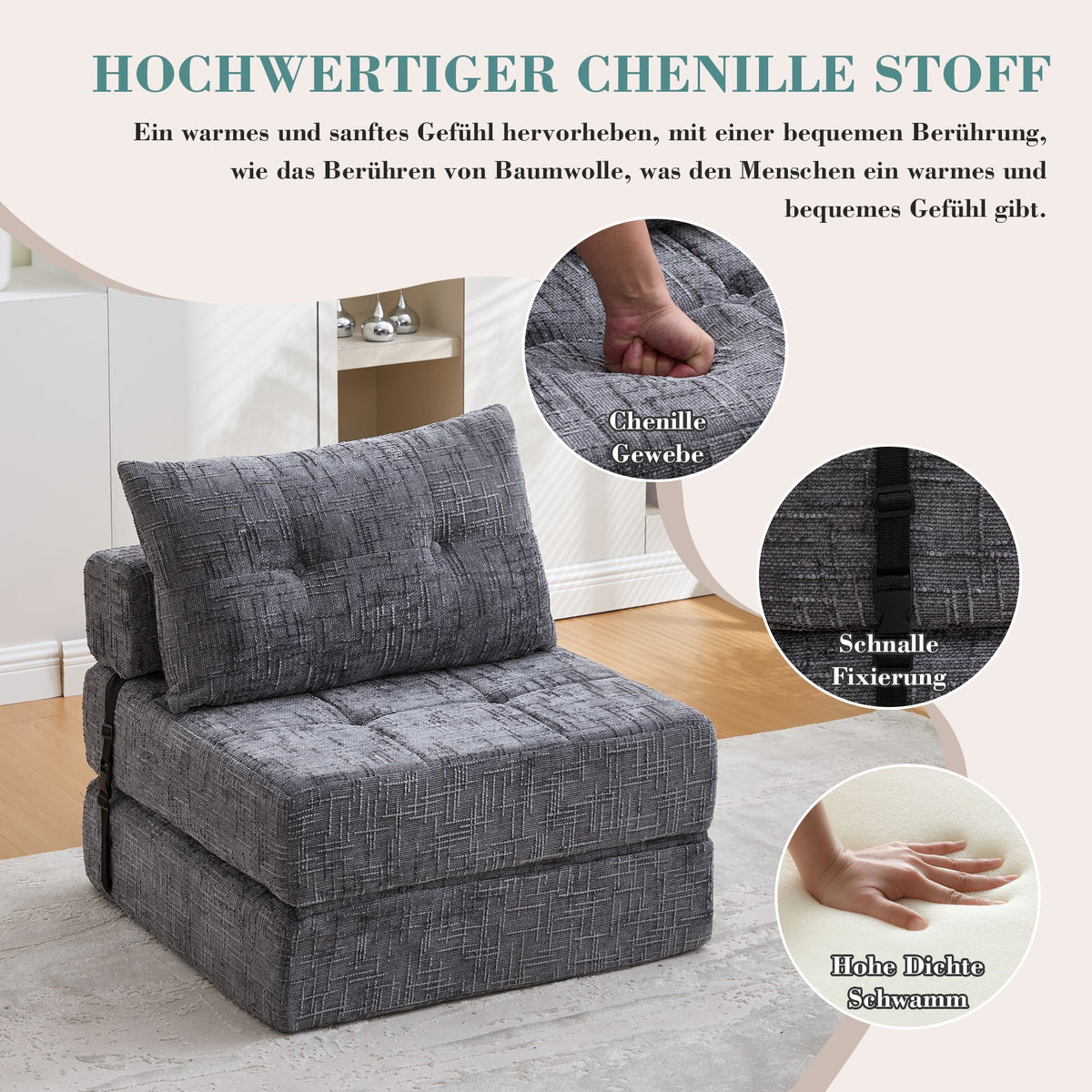 Folding Sofa Bed with Pillows & Backrest, Comfortable Floor Mattress