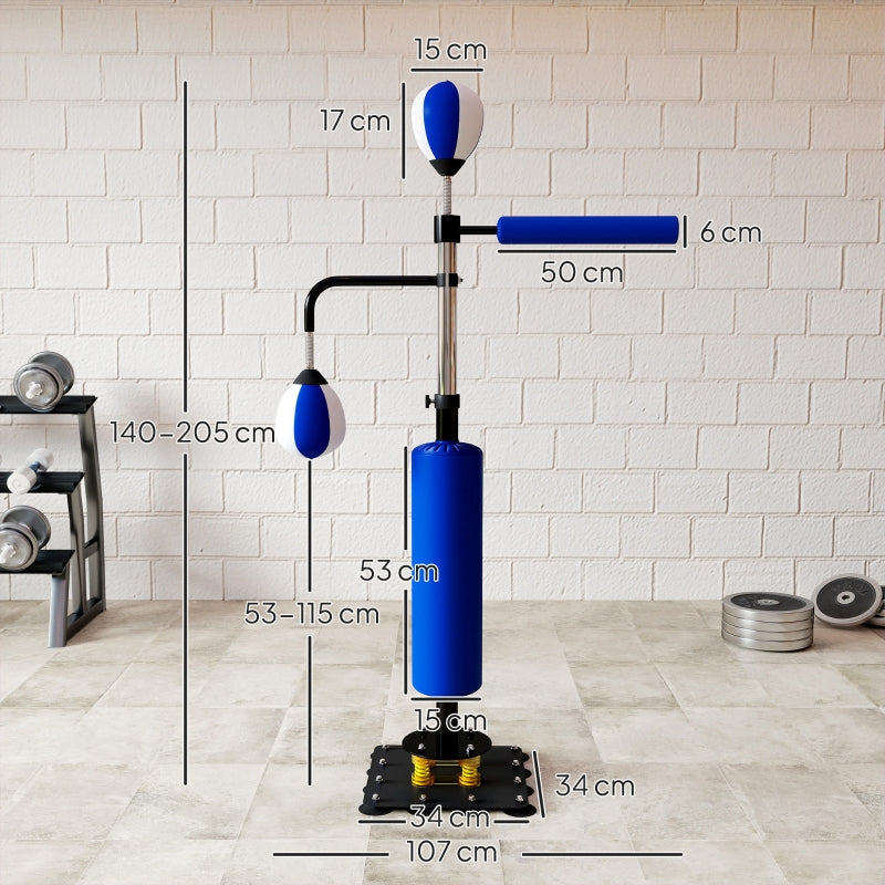 Boxing Stand Adjustable Height with Two Speedballs, Rotating Bar, Kick Pads Steel, Blue