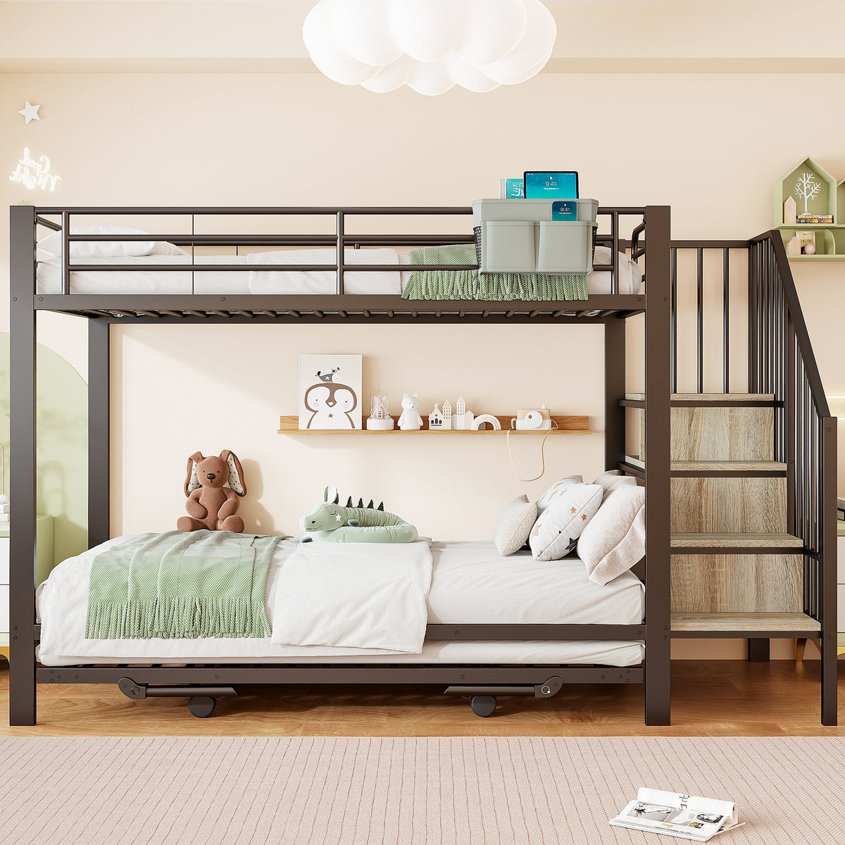 Bunk Bed with Pull-Out Bed & Storage Stairs, Black Iron Frame