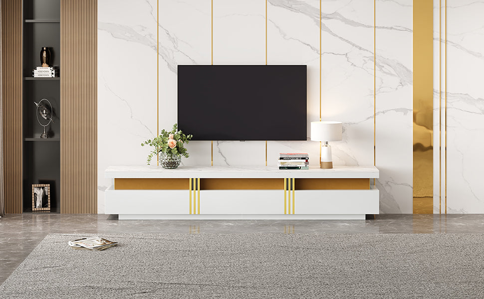 Lowboard TV Cabinet Modern 200cm 3 Drawers Cable Management - Marble Look