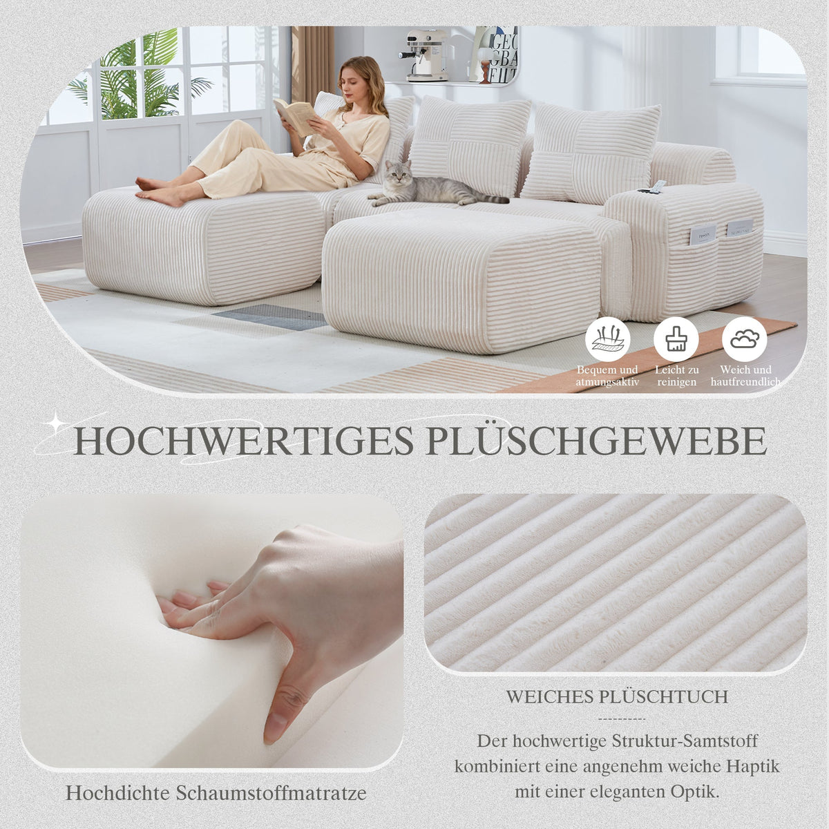 3-Seater Modular Corduroy Sofa with 2 Ottomans, Cup Holders and Storage Pocket, Beige