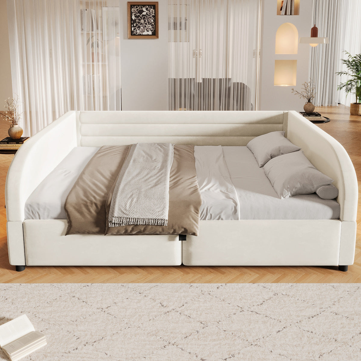 Upholstered Platform Bed 140x200, Hydraulic Storage & LED, Beige