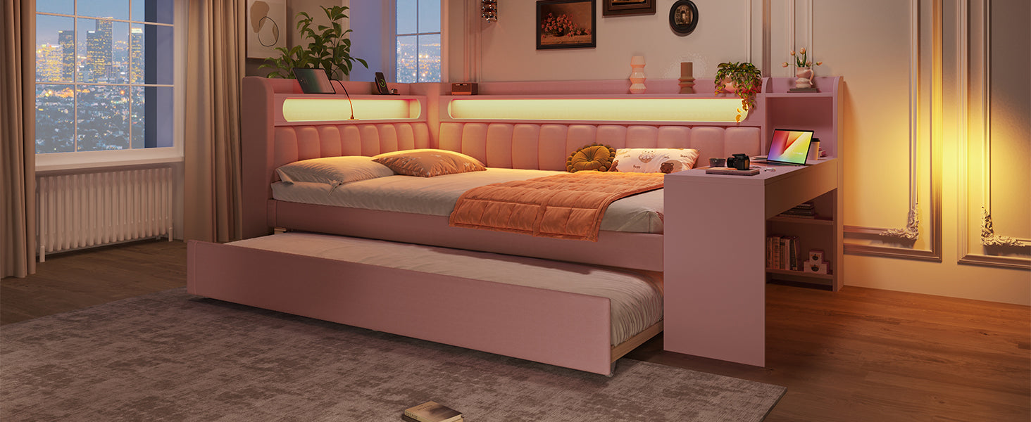 Upholstered Daybed with USB Ports, LED, Pull-out Bed and Desk, 140x200, Pink