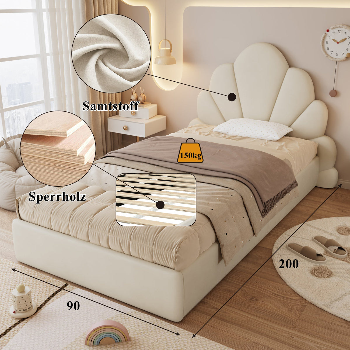 Single Upholstered Bed Curved Petal Headboard 90x200cm, Beige Velvet
