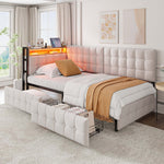 Upholstered Sofa Bed 90x200, 2 Drawers, LED Lamp, USB/Type-C Port, Beige