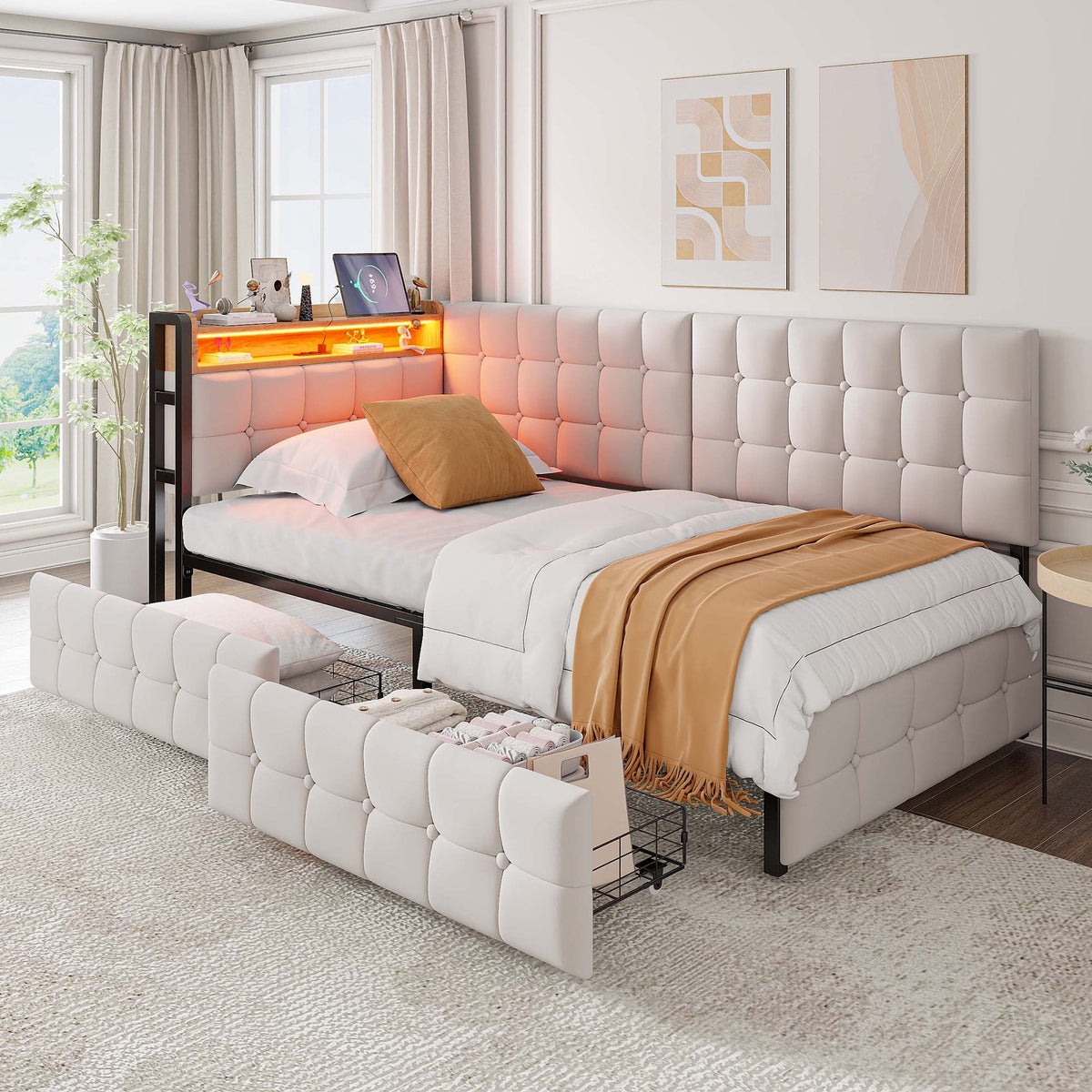 Upholstered Sofa Bed 90x200, 2 Drawers, LED Lamp, USB/Type-C Port, Beige