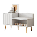 modern luxurious shoe chest with storage, upholstered bench, backrest, metal handles and legs, white