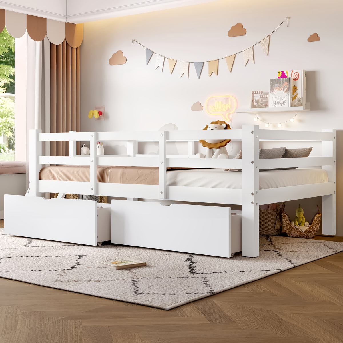 Wooden Platform Bed 90x200cm with Safety Railing & 2 Drawers, White