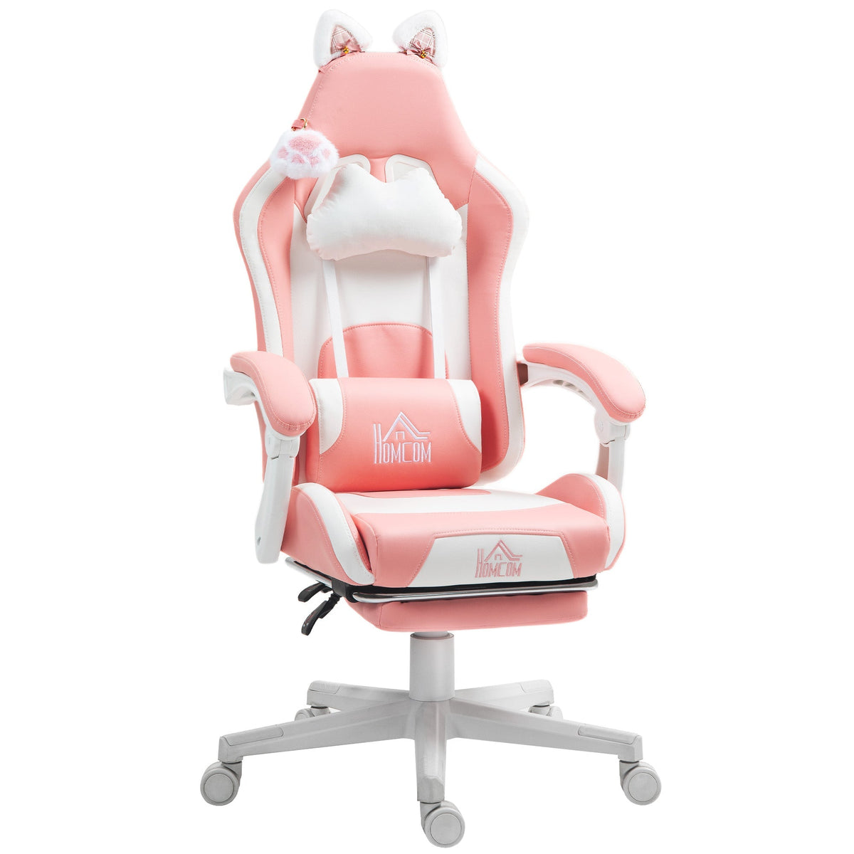 Gaming Chair with Lumbar Support, Footrest, Cat Ears, Pink