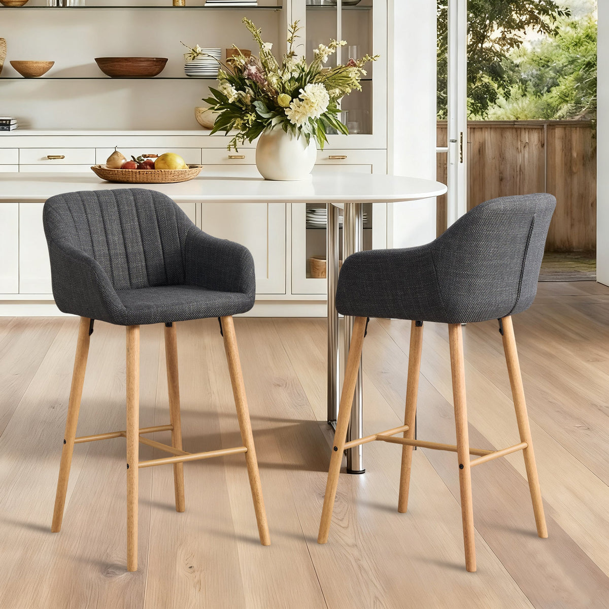 Modern European Bar Stools with High Backrest and Armrests, Set of 2, Beige Linen
