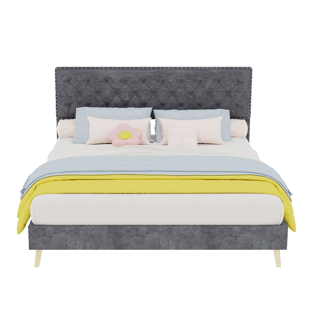 Modern Minimalist Soft Bed with 160x200cm Mattress, Gray