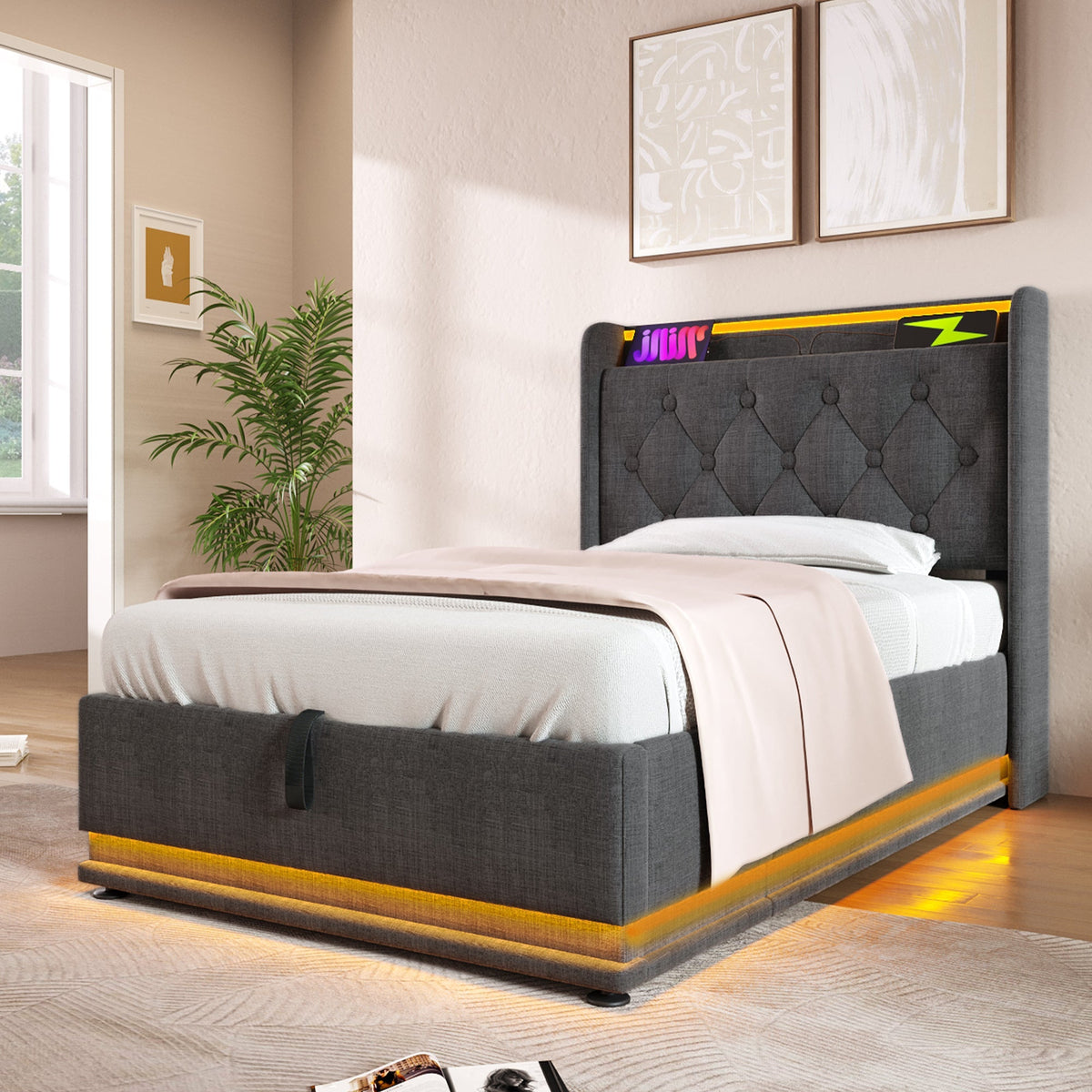 Upholstered Single Bed, 360-Degree LED, Hydraulic Storage, USB Type-C, Gray Linen