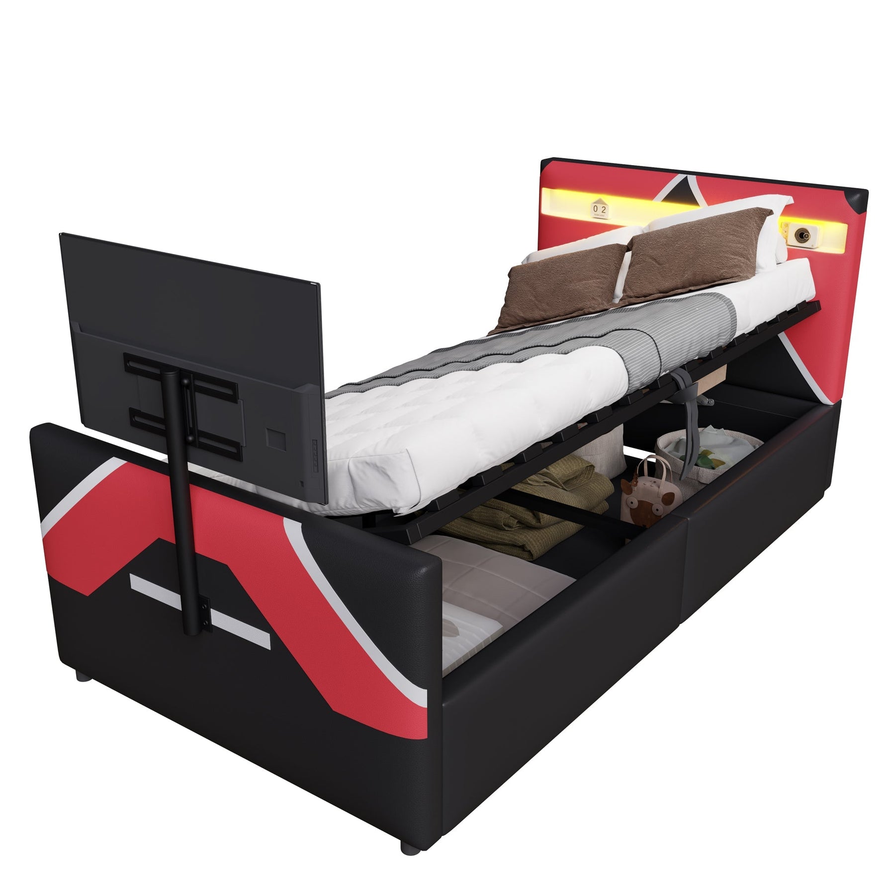 Children's Gaming Bed 90x200 with LED, Hydraulic Storage and TV Mount, PU Leather