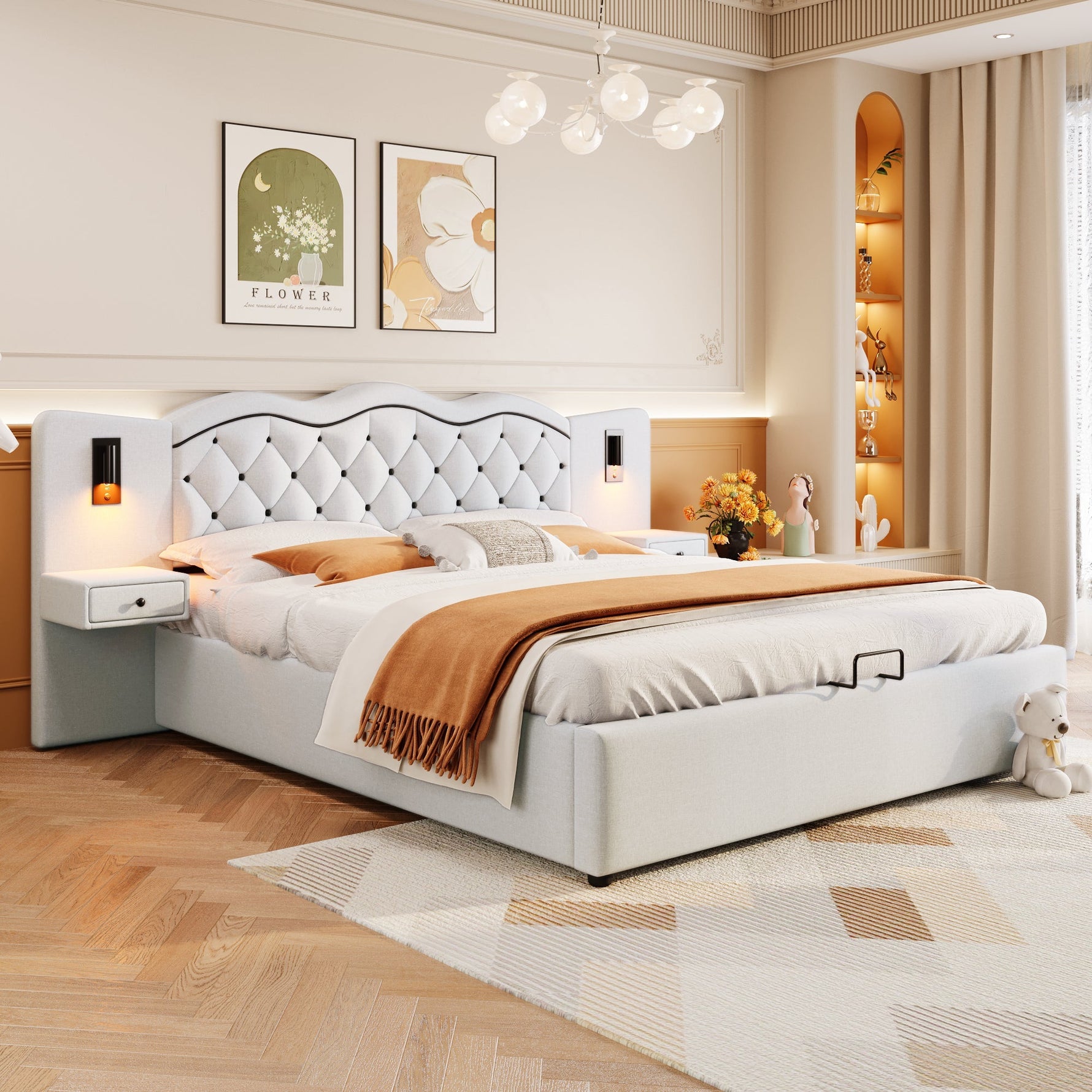 Upholstered Bed 180x200cm Hydraulic Lift Storage Headboard USB Lamps - Beige