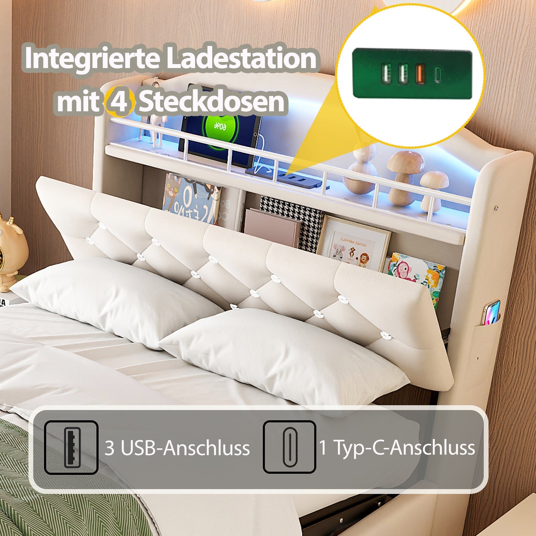 Children's Upholstered Bed 90x200, Multifunctional with Storage, LED & USB, Velvet Beige