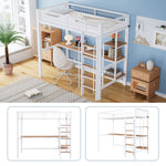 Iron Frame Bunk Bed with Table, Shelves, Ladder, Rail, 90x200cm, White + Natural Iron + MDF