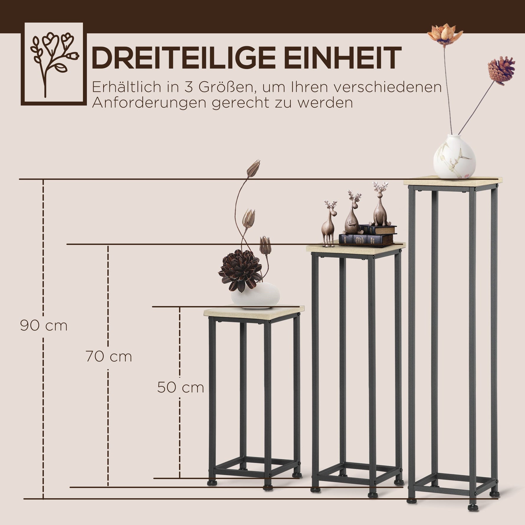 Plant Stand Set 3-piece Flower Stool & Flower Pot Holder Steel Black and Natural