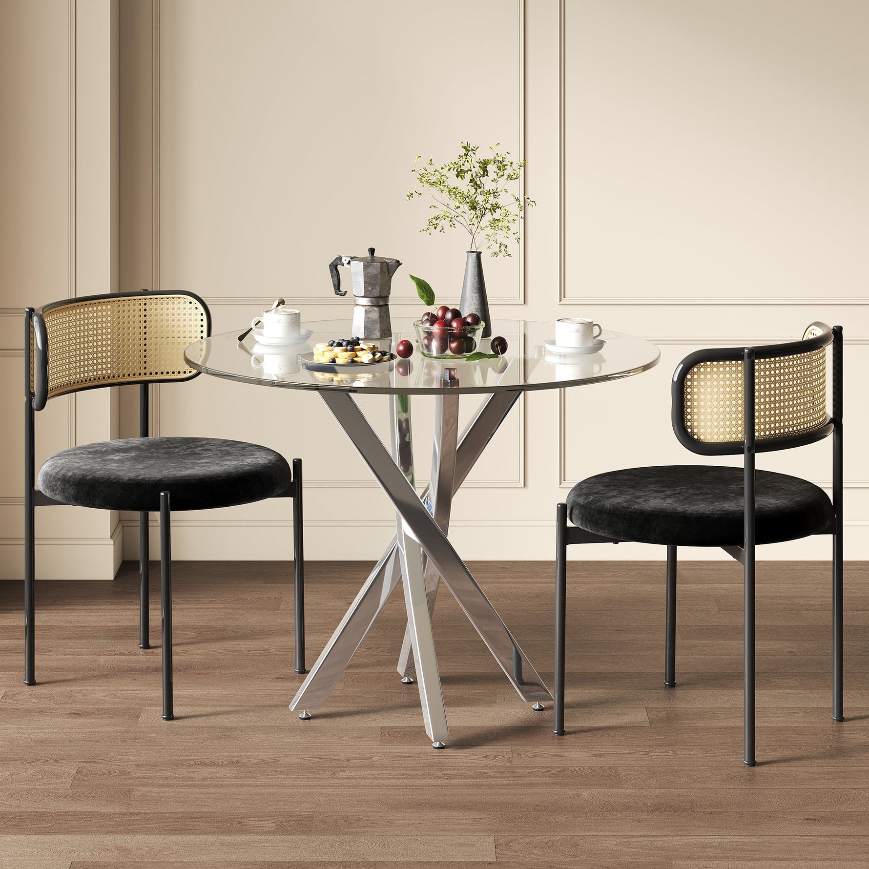 Round Dining Table, Tempered Glass Top, Galvanized Legs, Silver