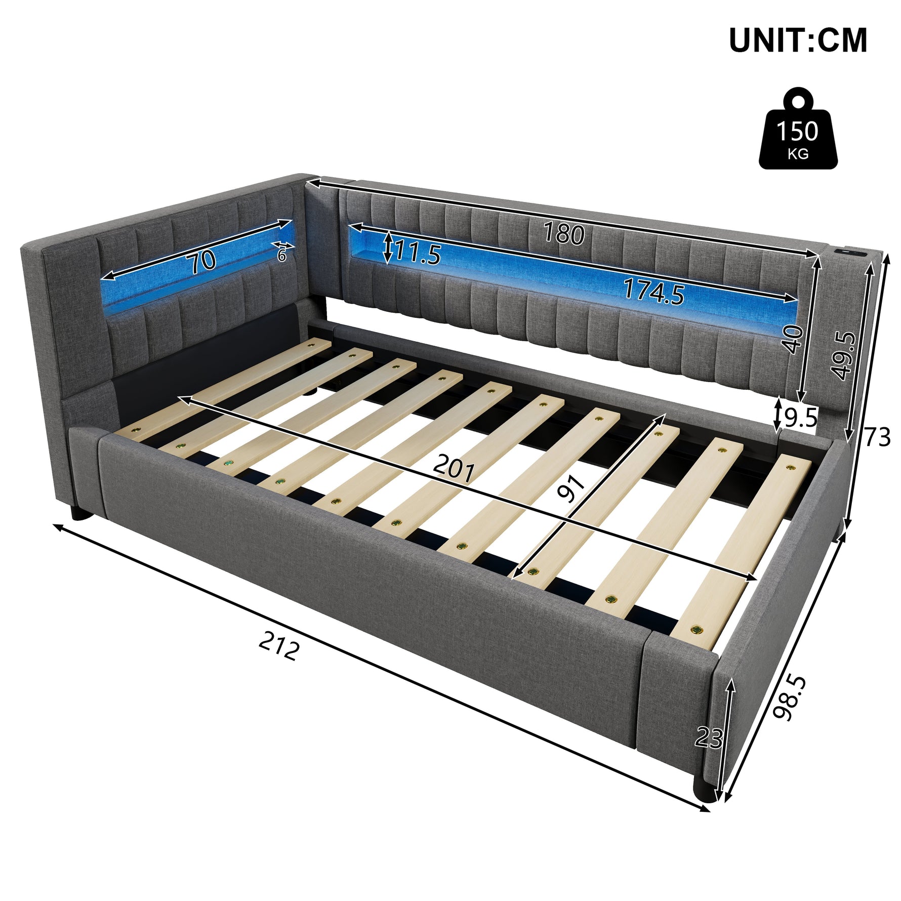 Daybed Sofa Bed with LED Lighting, Hydraulic Storage and USB Charging, Grey Linen
