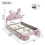 Upholstered Bed Hydraulic Storage, Bunny Ears LED Strips, 140x200cm, Stools, Velvet Pink