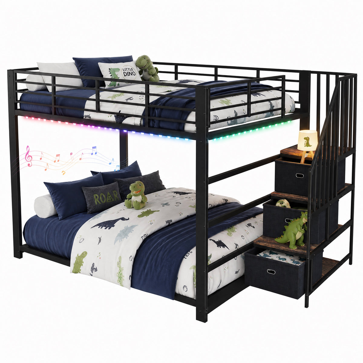 Metal Bunk Bed 140x200cm with Storage Stairs & LED Light, Black