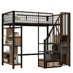 Loft Bed, 90 x 200 cm, Storage, Shelves & Stairs, Metal Black