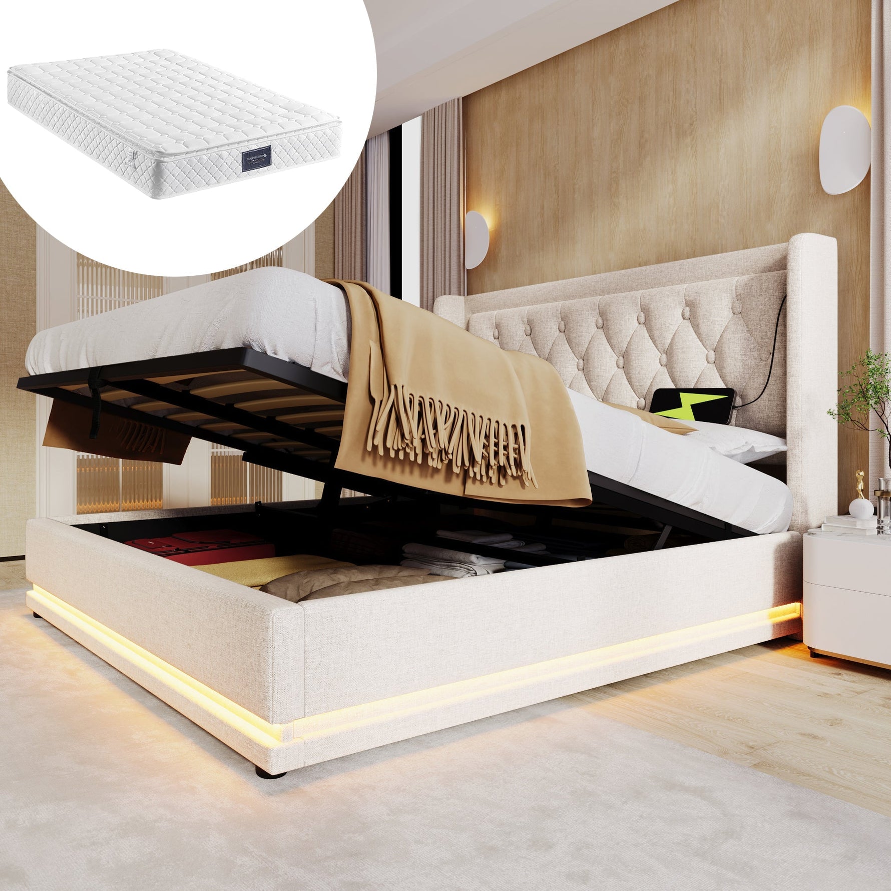 Upholstered Double Bed, Hydraulic Storage, LED, USB-C, Beige Cotton