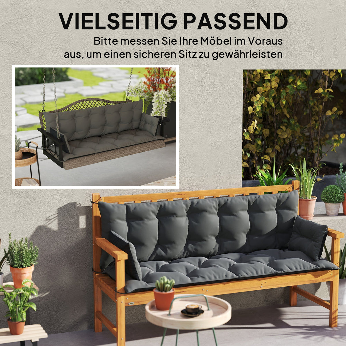 3-Seater Bench Cushion, 180x110x8 cm, with Ties, Dark Grey + Black