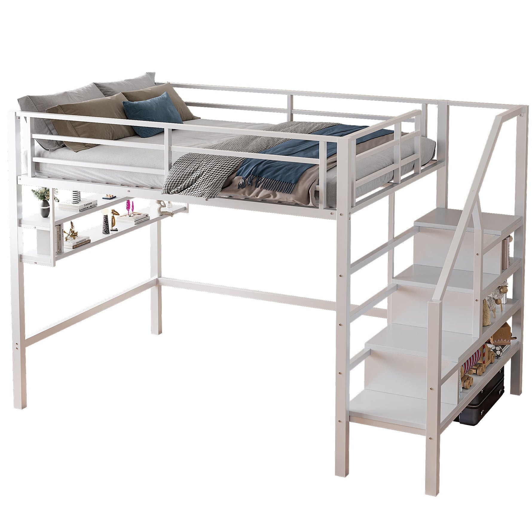 Loft Bed with Storage Ladder and Shelves, 140x200cm, White