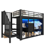 Mid-Height Bed 90x200cm 2 Drawers Open Wardrobe LED Storage - Black