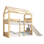 Children's Bunk Bed with Gable Roof, Shelf and 35cm Slide, 90x200cm, White and Natural Wood