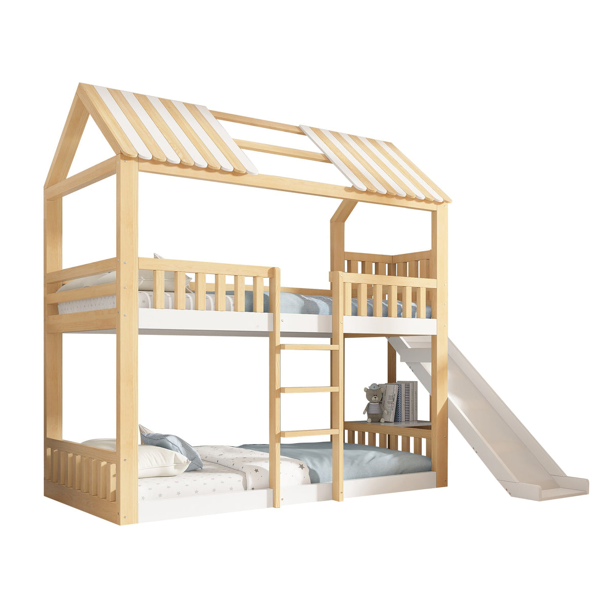 Children's Bunk Bed with Gable Roof, Shelf and 35cm Slide, 90x200cm, White and Natural Wood