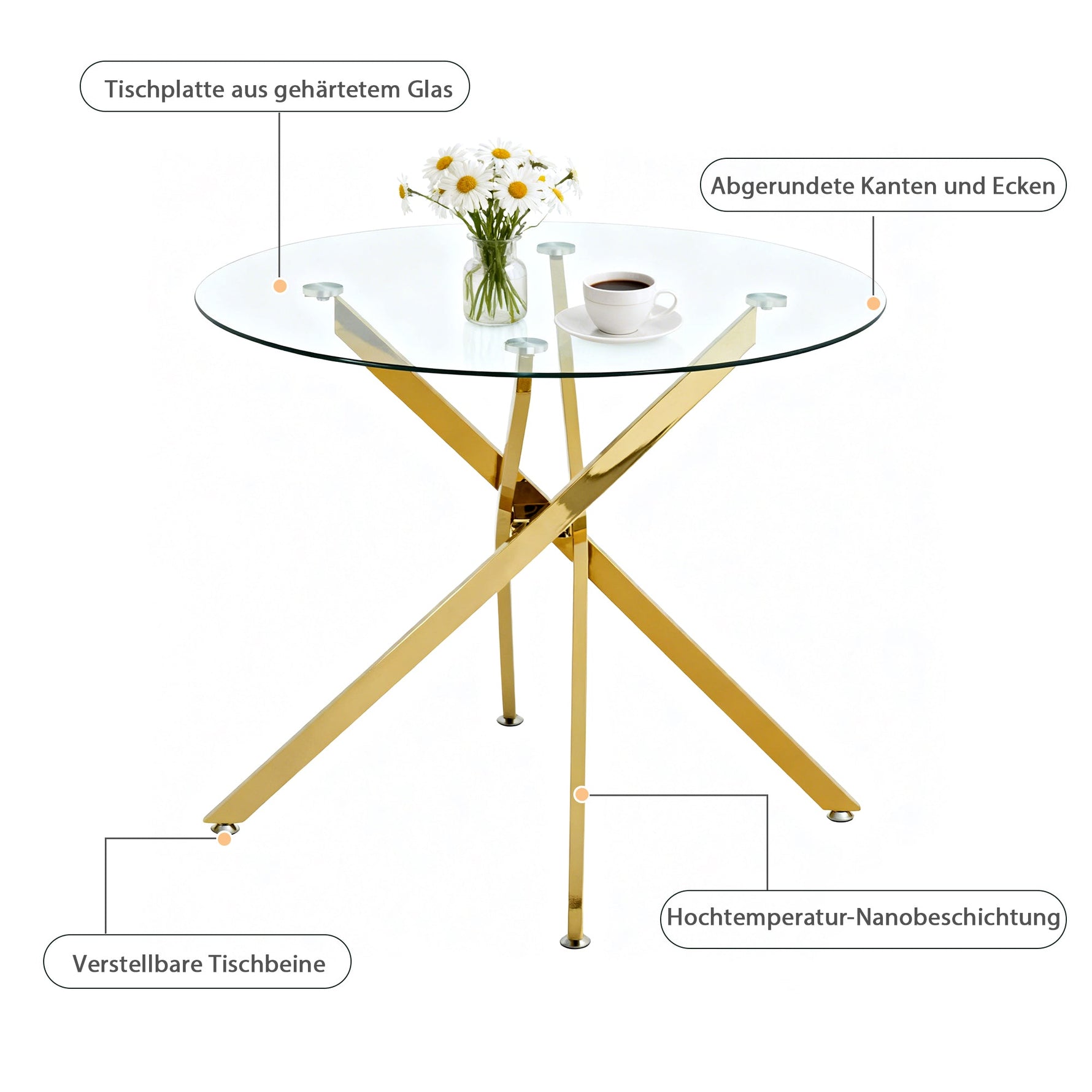 Dining Table Round Tempered Glass Top Gold Legs 80x80x76cm