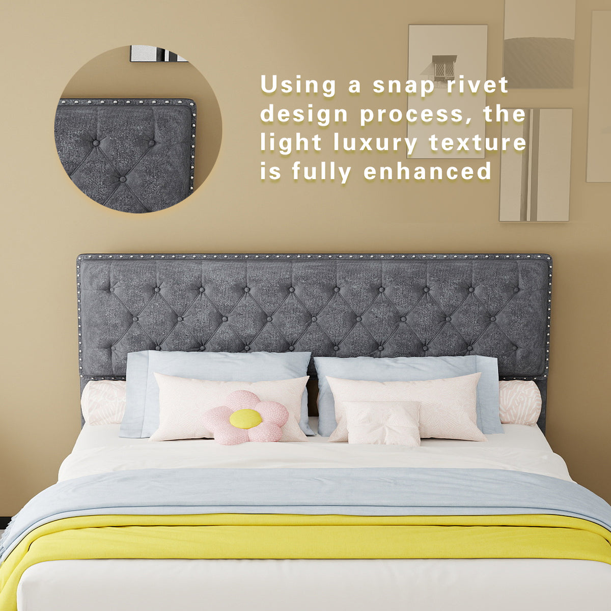 Modern Minimalist Soft Bed with 160x200cm Mattress, Gray
