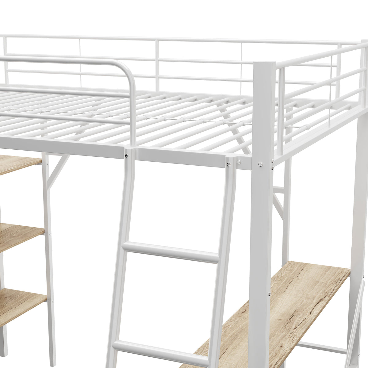 Loft Bed 90x200cm with Desk 3 Shelves - White Metal