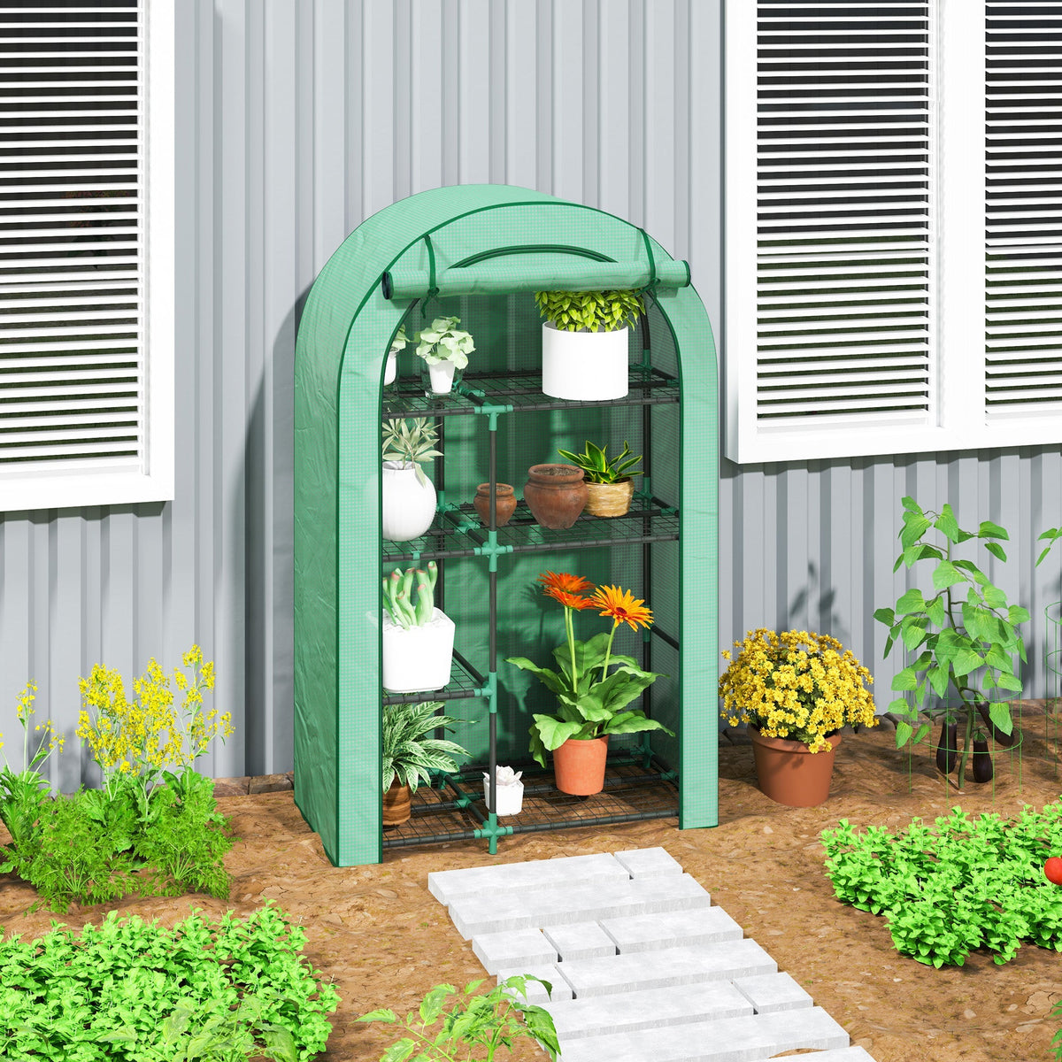 Greenhouse round roof, door, shelves, winter-proof film, steel